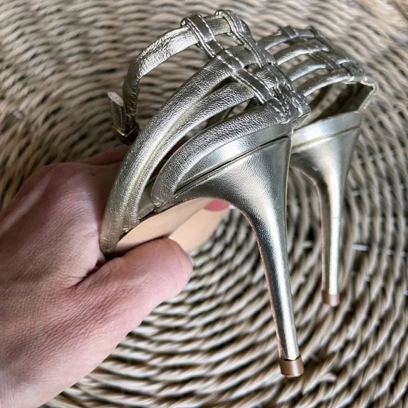Casadei Gold Leather Strappy Woven Heeled Sandals - Picture 10 of 13